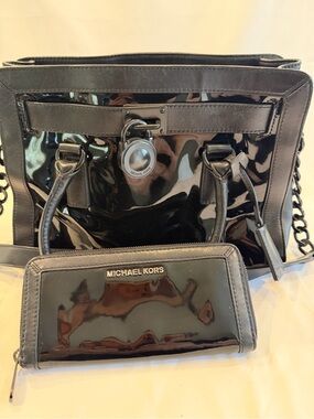 Michael Kors Black Patent Leather Tote with Matching Wallet